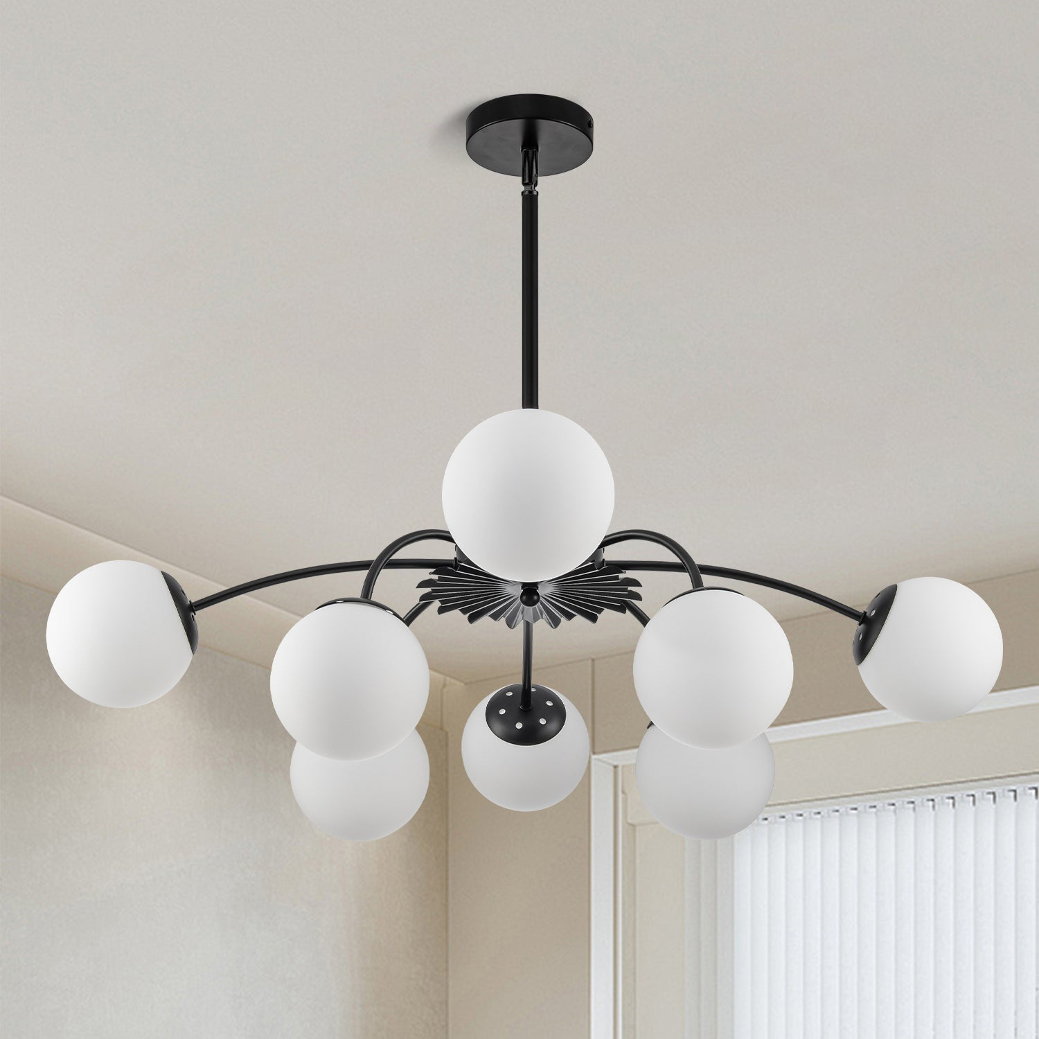 Modern Bubble Globe Chandelier 8/12-Light Black Sputnik Chandelier with Milk Glass Globes - Mid Century Art Deco Ceiling - 8 lights D32.9"X H9.5"